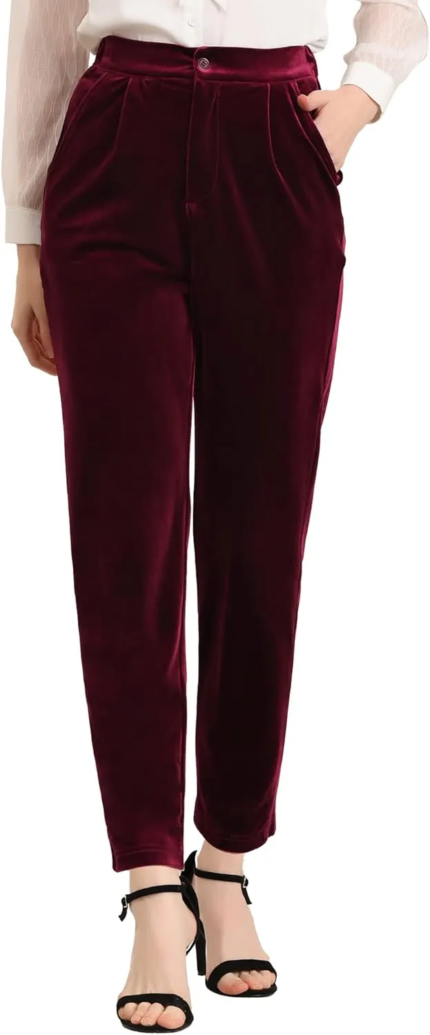 Allegra K Women's 2023 Velvet Elegant High Waist Trousers with Pockets Work Ankle Pants