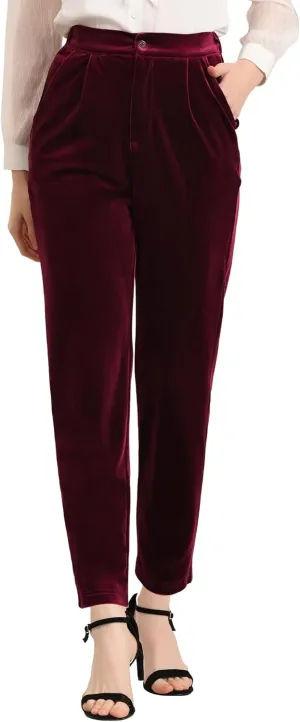 Allegra K Women's 2023 Velvet Elegant High Waist Trousers with Pockets Work Ankle Pants