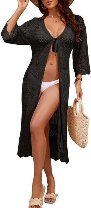 Alsol Lamesa Women's Crochet Kimono Cardigan Tie Front 3/4 Sleeve Loose Lightweight Boho Swimsuit Cover Up