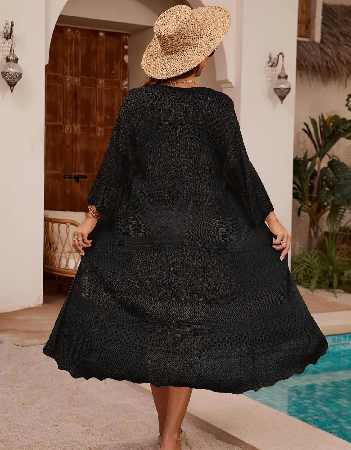 Alsol Lamesa Women's Crochet Kimono Cardigan Tie Front 3/4 Sleeve Loose Lightweight Boho Swimsuit Cover Up