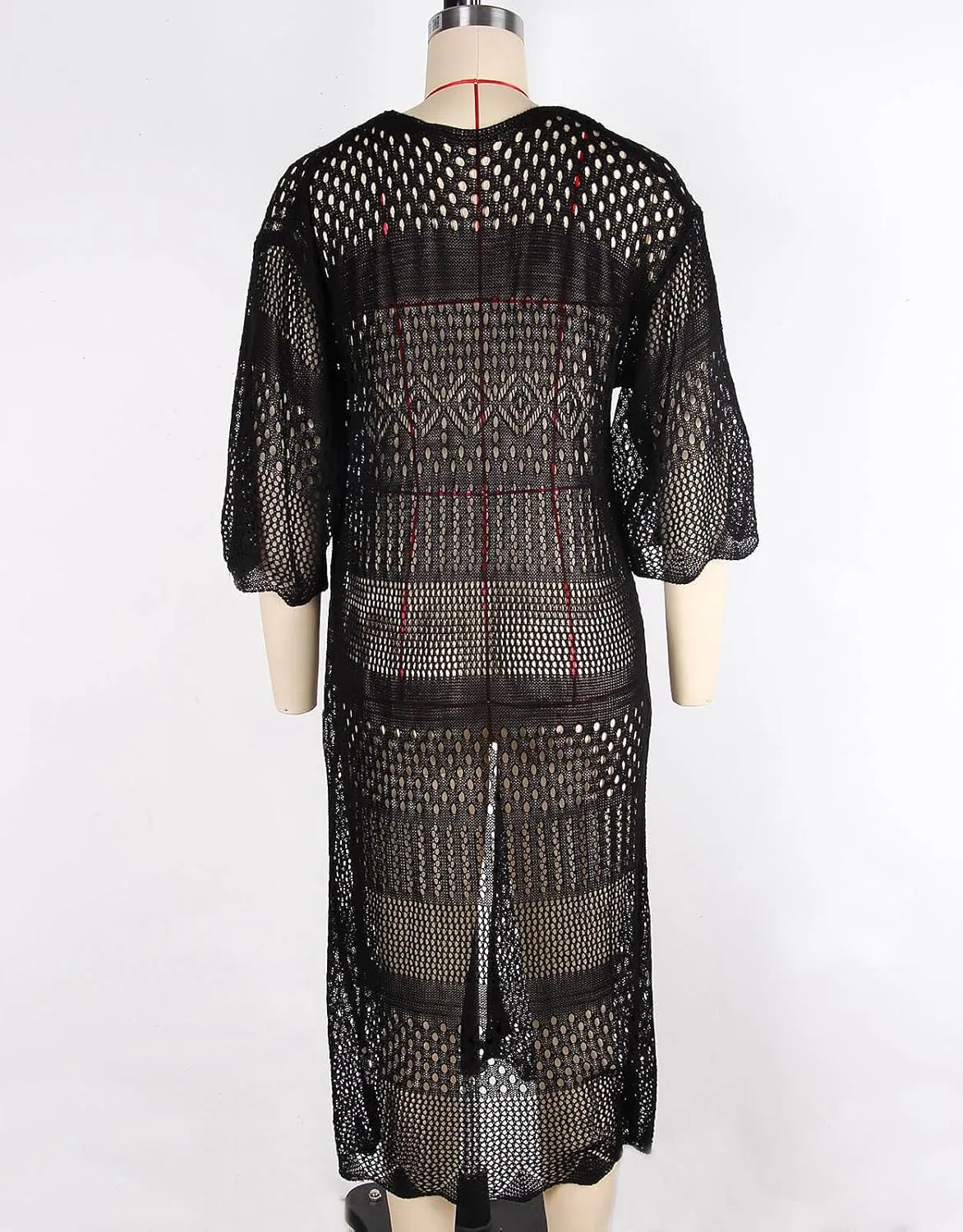 Alsol Lamesa Women's Crochet Kimono Cardigan Tie Front 3/4 Sleeve Loose Lightweight Boho Swimsuit Cover Up