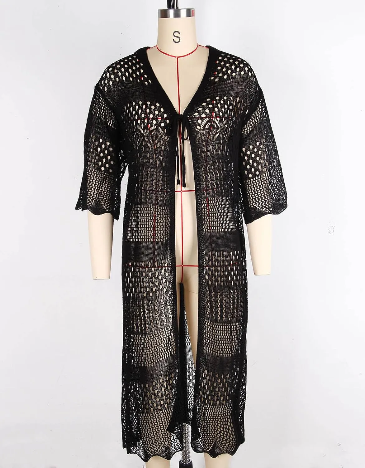 Alsol Lamesa Women's Crochet Kimono Cardigan Tie Front 3/4 Sleeve Loose Lightweight Boho Swimsuit Cover Up