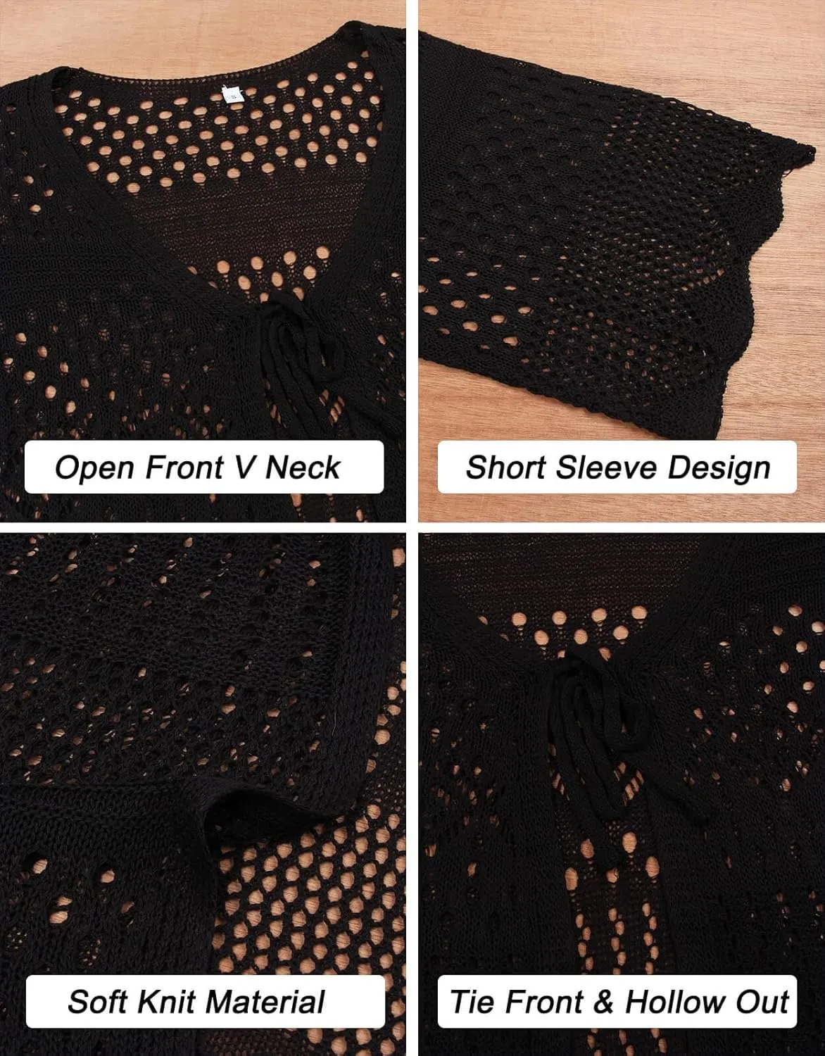 Alsol Lamesa Women's Crochet Kimono Cardigan Tie Front 3/4 Sleeve Loose Lightweight Boho Swimsuit Cover Up