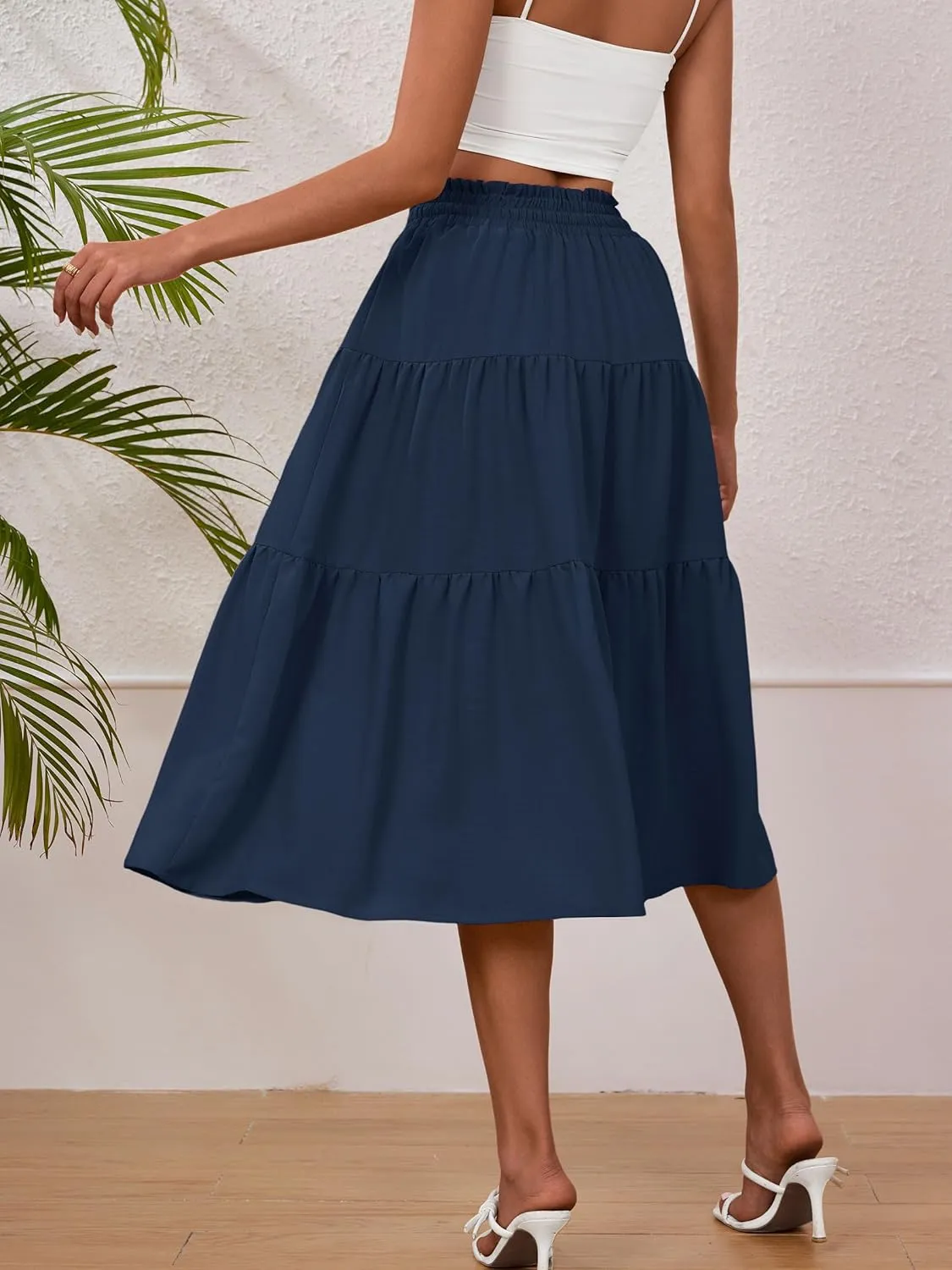 Anbech Women's Midi Skirt Elastic High Waisted Summer Pleated Beach Casual Skirts