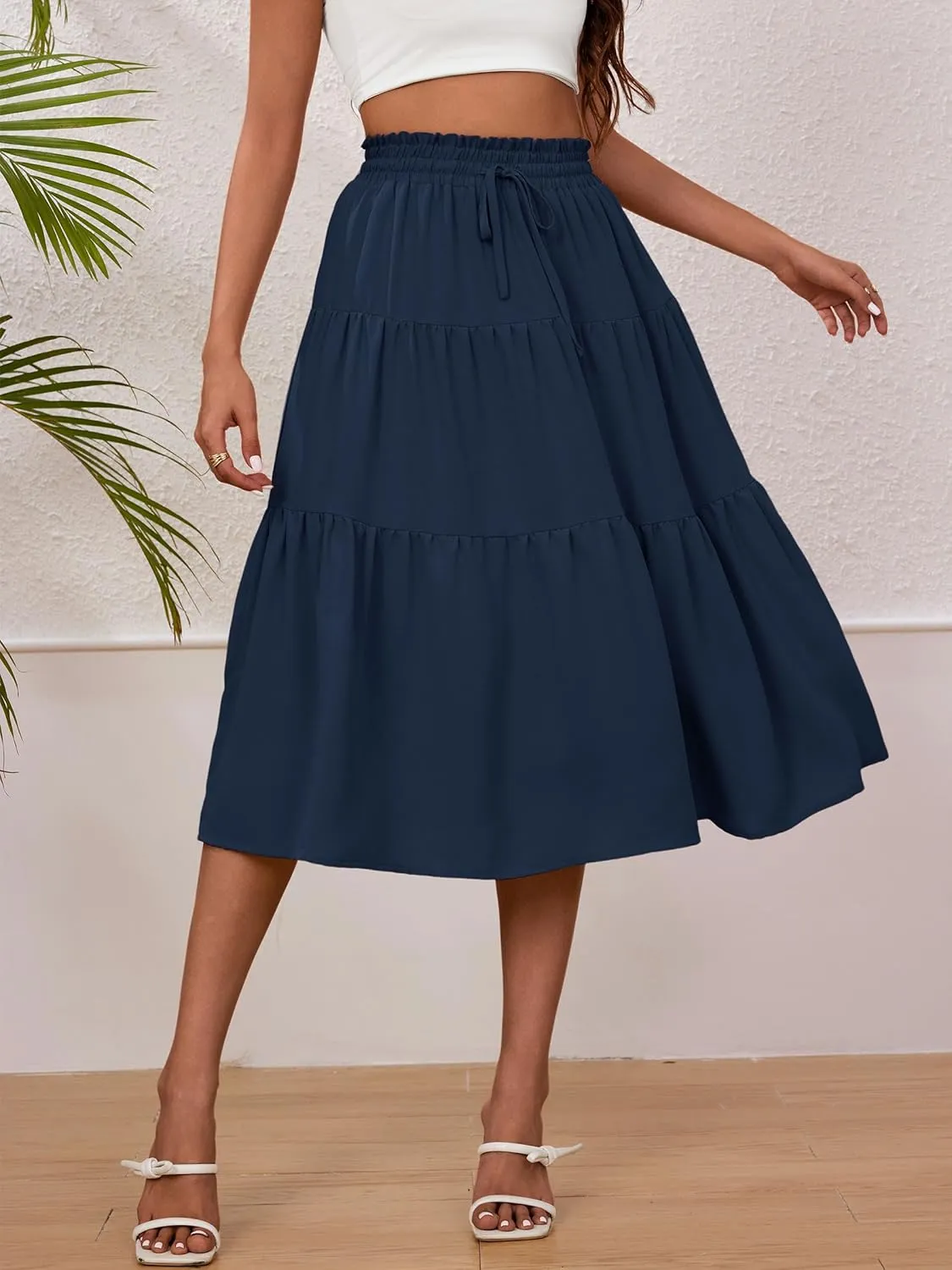 Anbech Women's Midi Skirt Elastic High Waisted Summer Pleated Beach Casual Skirts