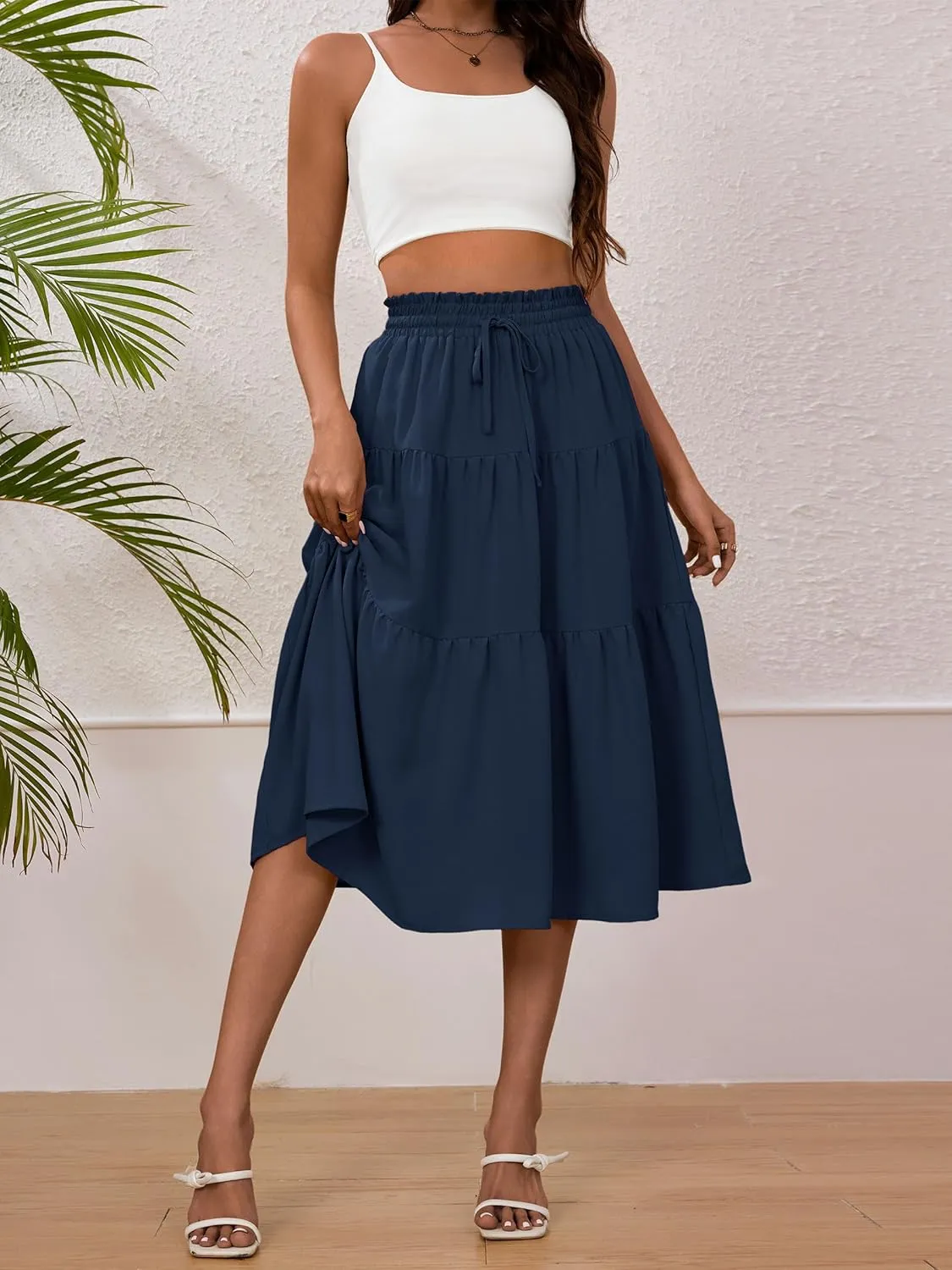 Anbech Women's Midi Skirt Elastic High Waisted Summer Pleated Beach Casual Skirts