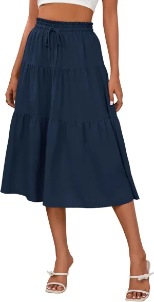 Anbech Women's Midi Skirt Elastic High Waisted Summer Pleated Beach Casual Skirts