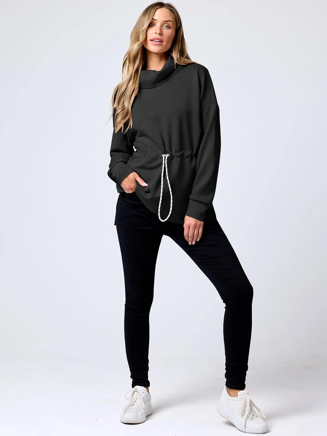 ANRABESS Womens Turtleneck Sweatshirts Drawstring Waist Pullover Tops Loose Fit Long Sleeve Hoodies 2024 Fall Preppy Outfits