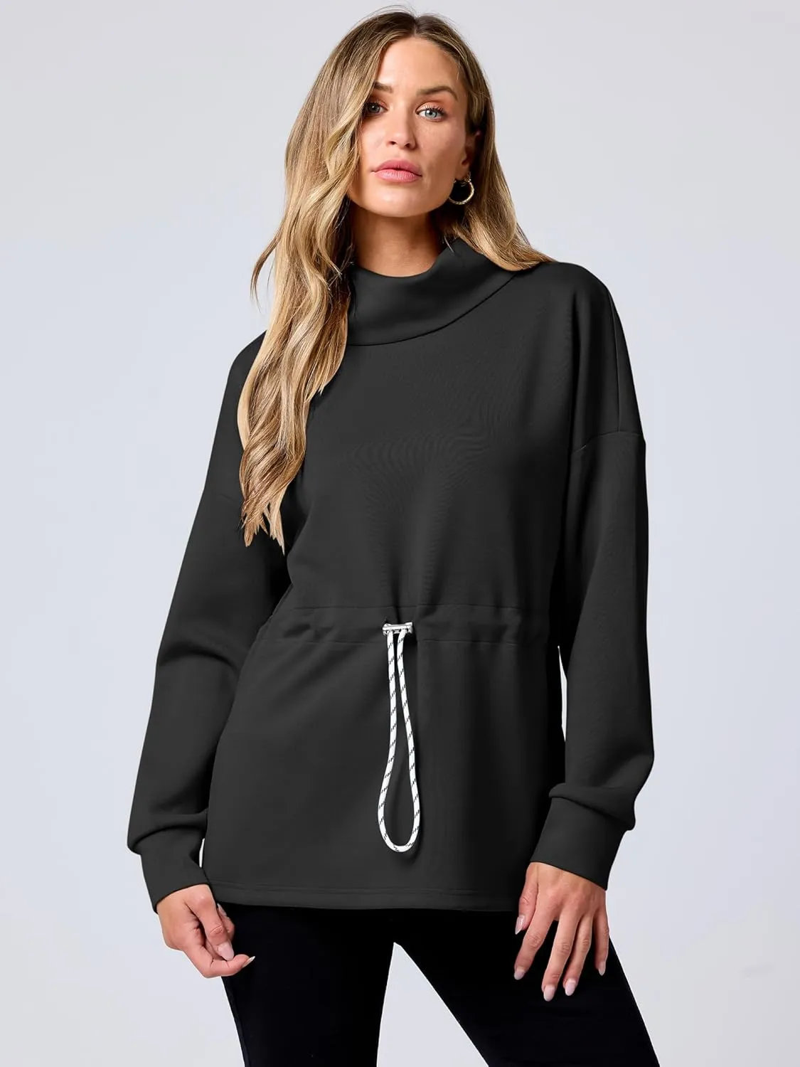 ANRABESS Womens Turtleneck Sweatshirts Drawstring Waist Pullover Tops Loose Fit Long Sleeve Hoodies 2024 Fall Preppy Outfits