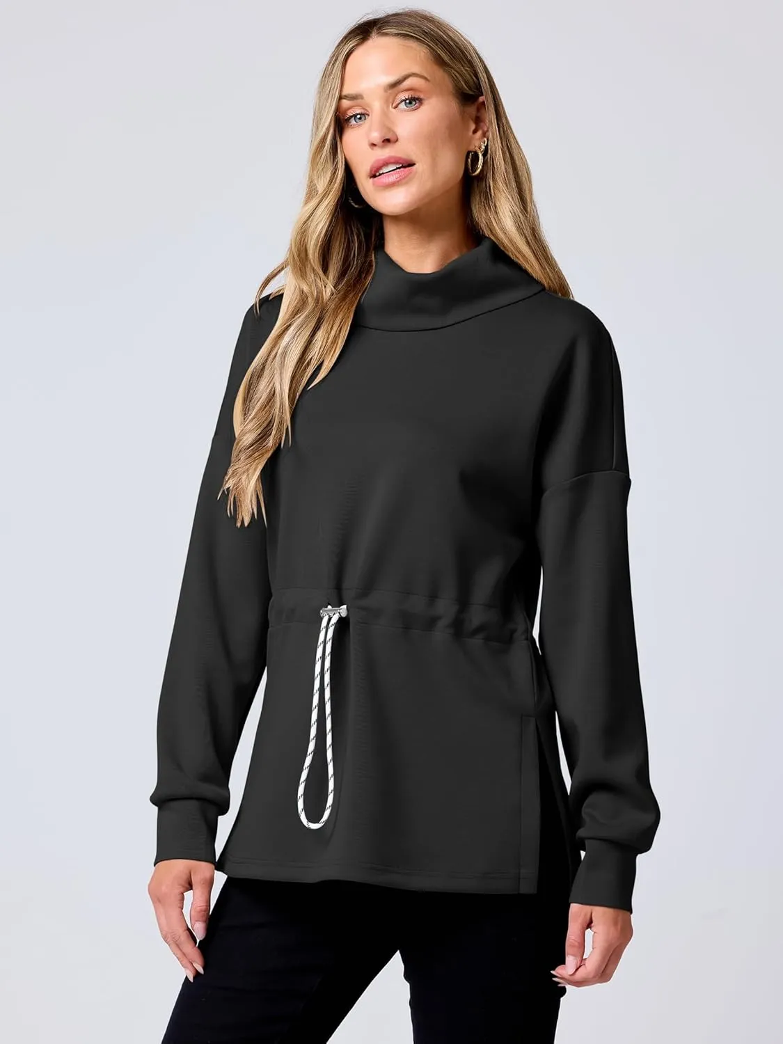 ANRABESS Womens Turtleneck Sweatshirts Drawstring Waist Pullover Tops Loose Fit Long Sleeve Hoodies 2024 Fall Preppy Outfits