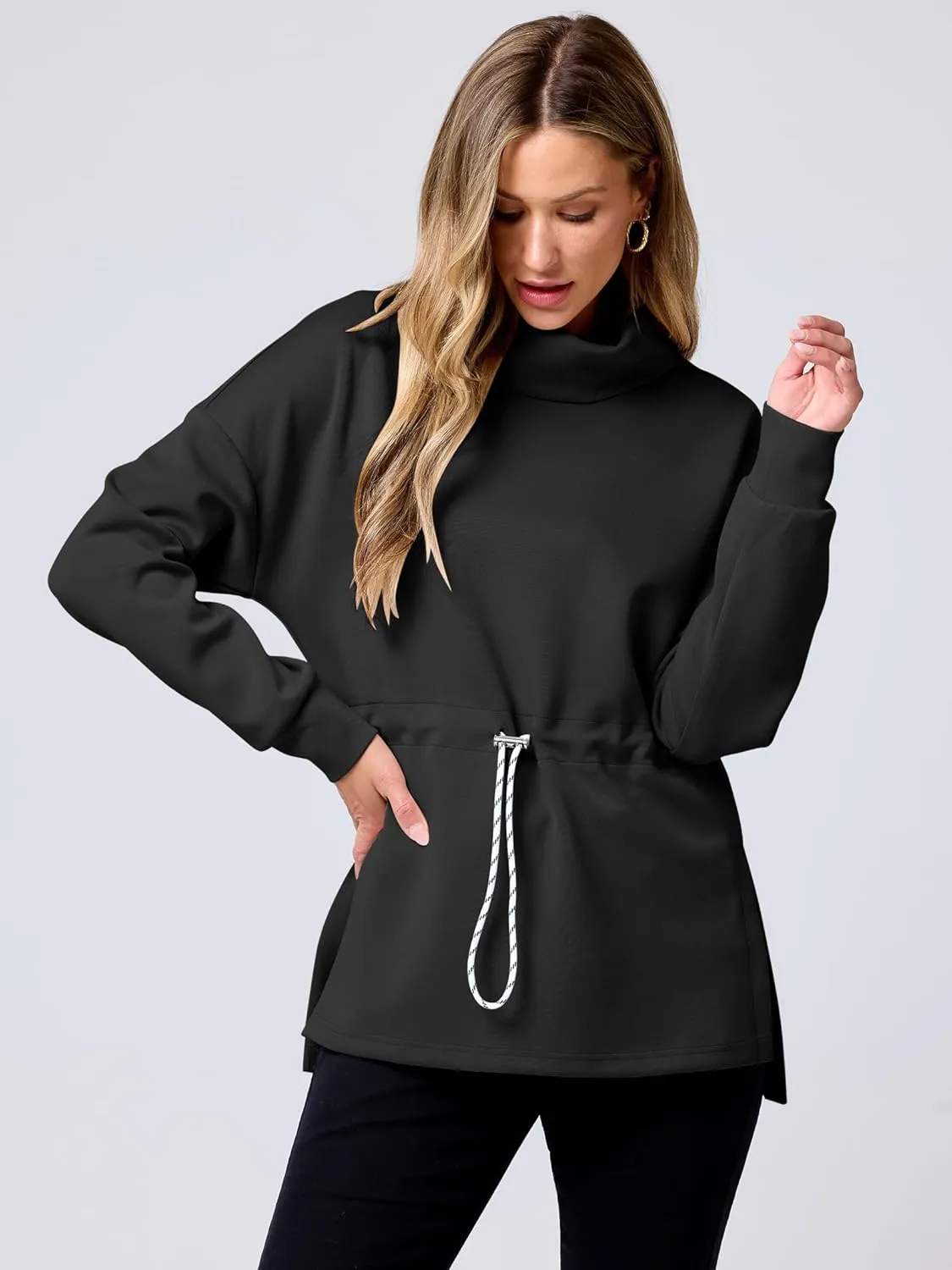 ANRABESS Womens Turtleneck Sweatshirts Drawstring Waist Pullover Tops Loose Fit Long Sleeve Hoodies 2024 Fall Preppy Outfits