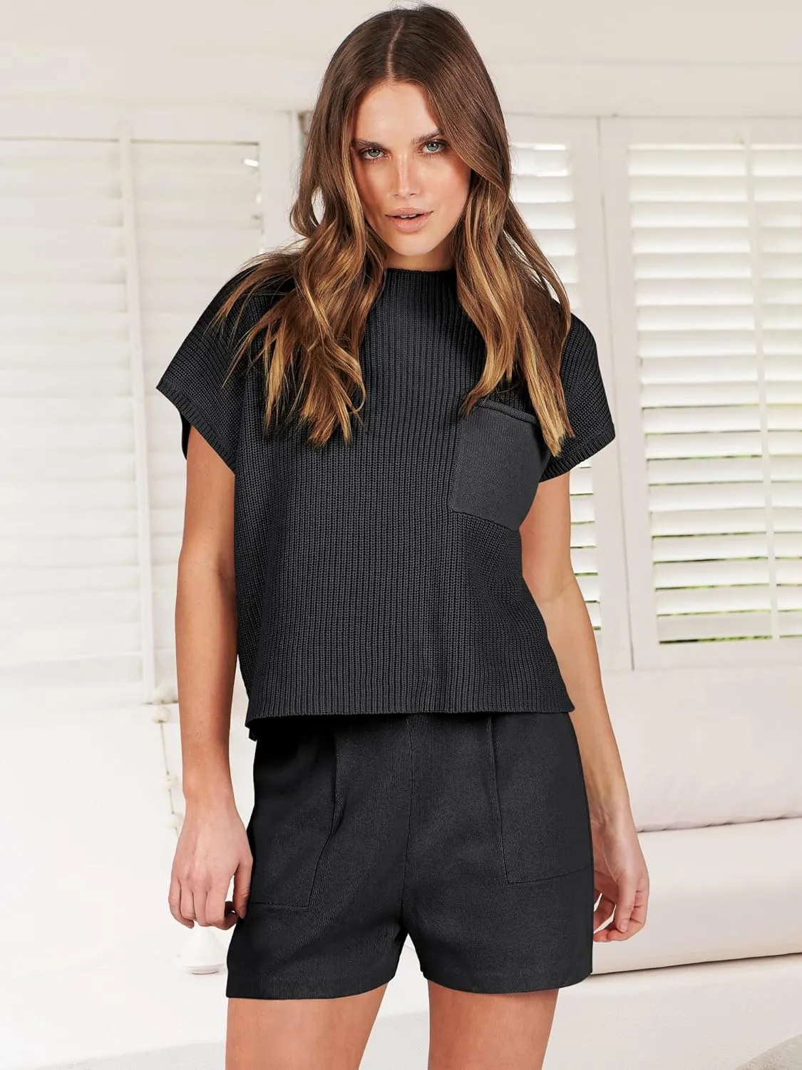 ANRABESS Women's Two Piece Summer Outfits Knit Sweater Short Sets Pullover Tops & Shorts Lounge Matching Clothes Set