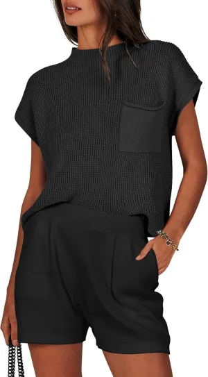 ANRABESS Women's Two Piece Summer Outfits Knit Sweater Short Sets Pullover Tops & Shorts Lounge Matching Clothes Set