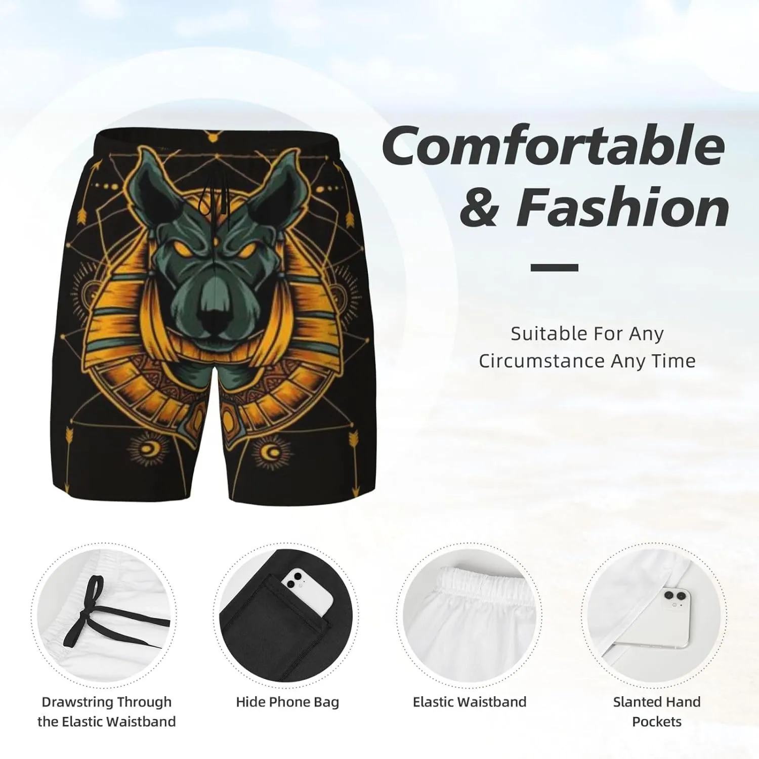 Anubis God Egypt Guardian Tribe Men's Swim Trunks with Compression Lining Shorts Beach Pants