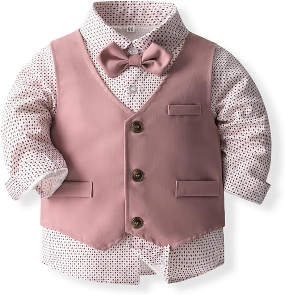 ARTMINE Toddler Boy Clothes Suit Gentleman Wedding Outfits, Formal Dress Shirt Bowtie Vest Pants