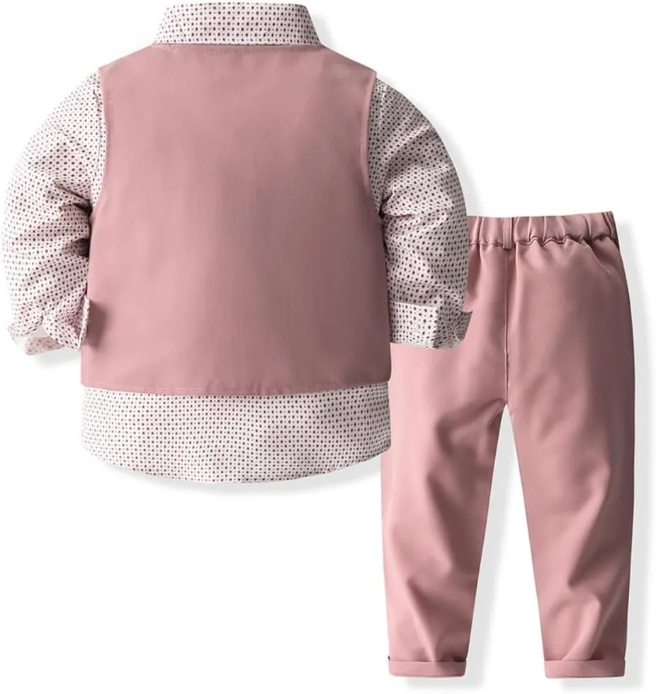 ARTMINE Toddler Boy Clothes Suit Gentleman Wedding Outfits, Formal Dress Shirt Bowtie Vest Pants