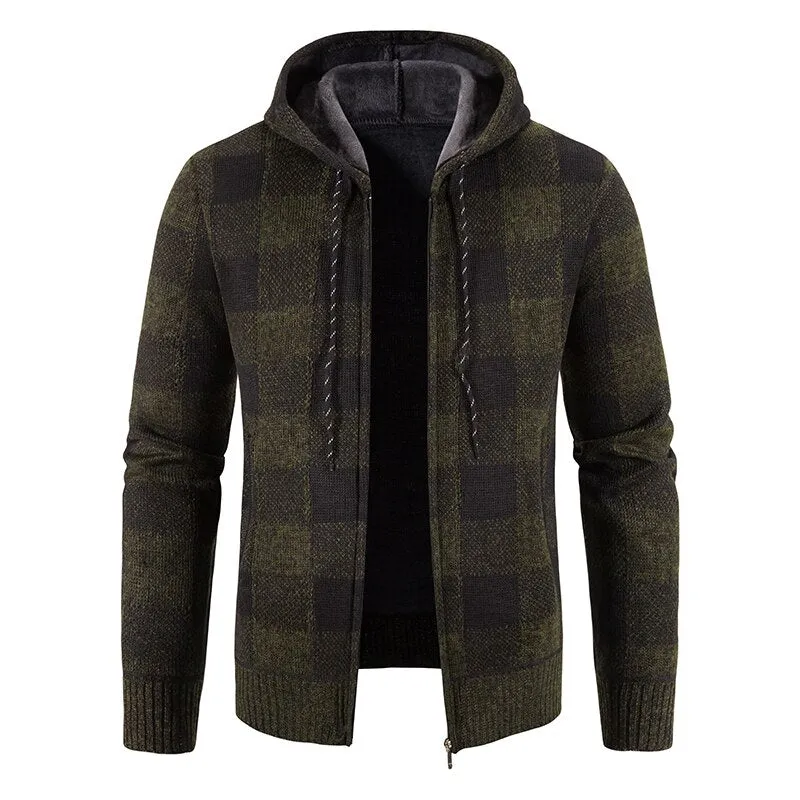 Autumn Winter Thick Cardigan Plaid Sweater Hooded Fashion