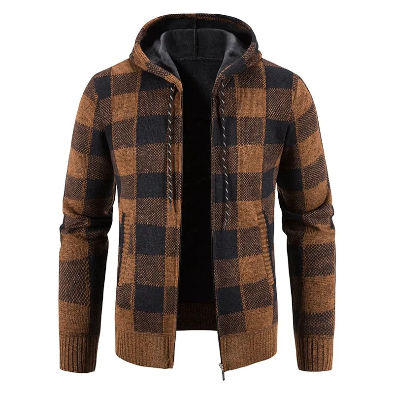 Autumn Winter Thick Cardigan Plaid Sweater Hooded Fashion