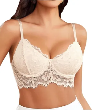 Avidlove Bralettes for Women Lace Underwired Push Up Bra V Neck Camisole Crop Top Adjustable Lingerie(Champagne,M)