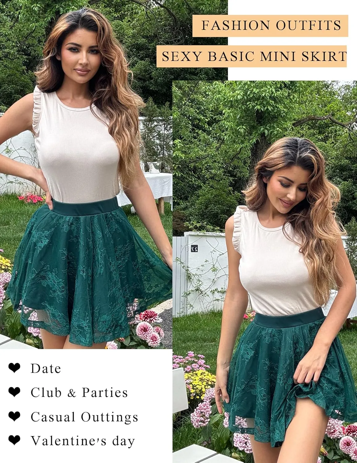 Avidlove Skirts for Women Lace Pleated Ruffles Skater Skirt Elastic Waistband Sexy Basic Stretchy Flared Casual Mini Skirt