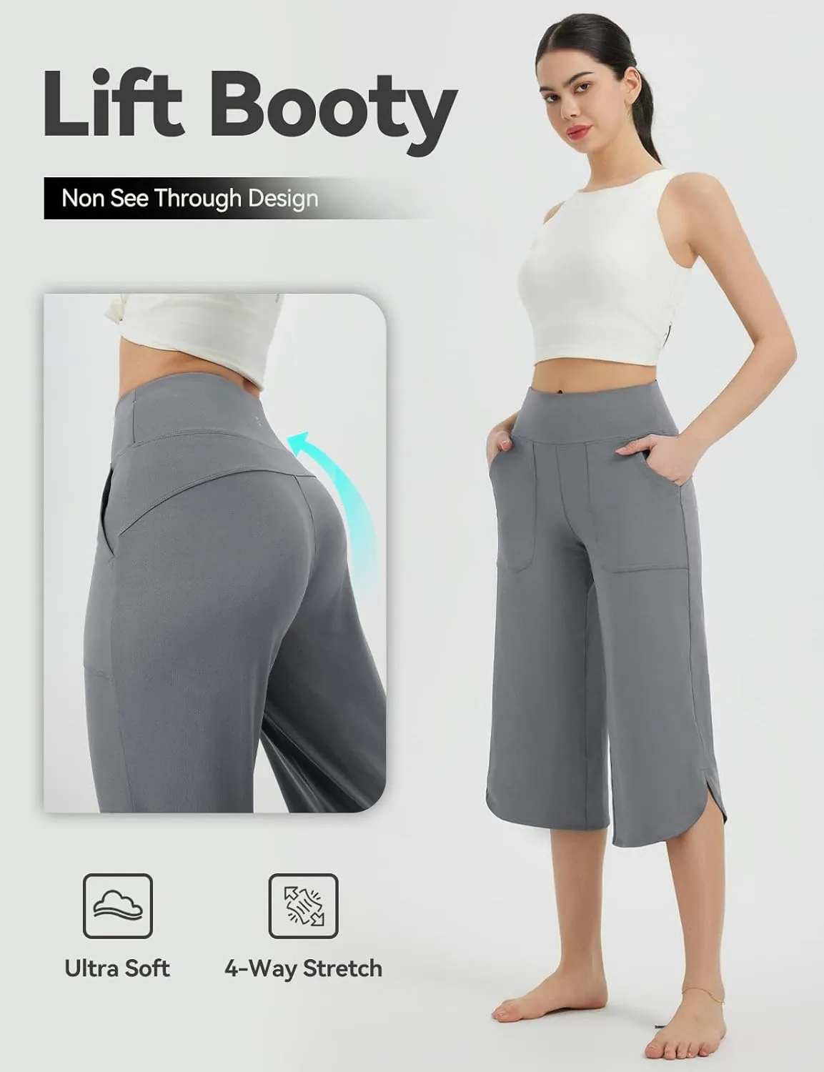 baleaf Capris Pants for Women Yoga Capri Leggings with Pockets Loose High Waist Crop Workout Pants Wide Leg Casual Summer
