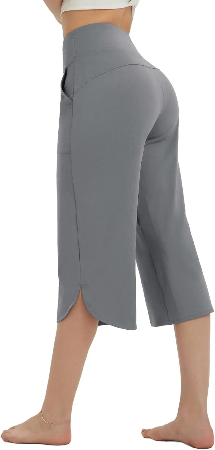 baleaf Capris Pants for Women Yoga Capri Leggings with Pockets Loose High Waist Crop Workout Pants Wide Leg Casual Summer
