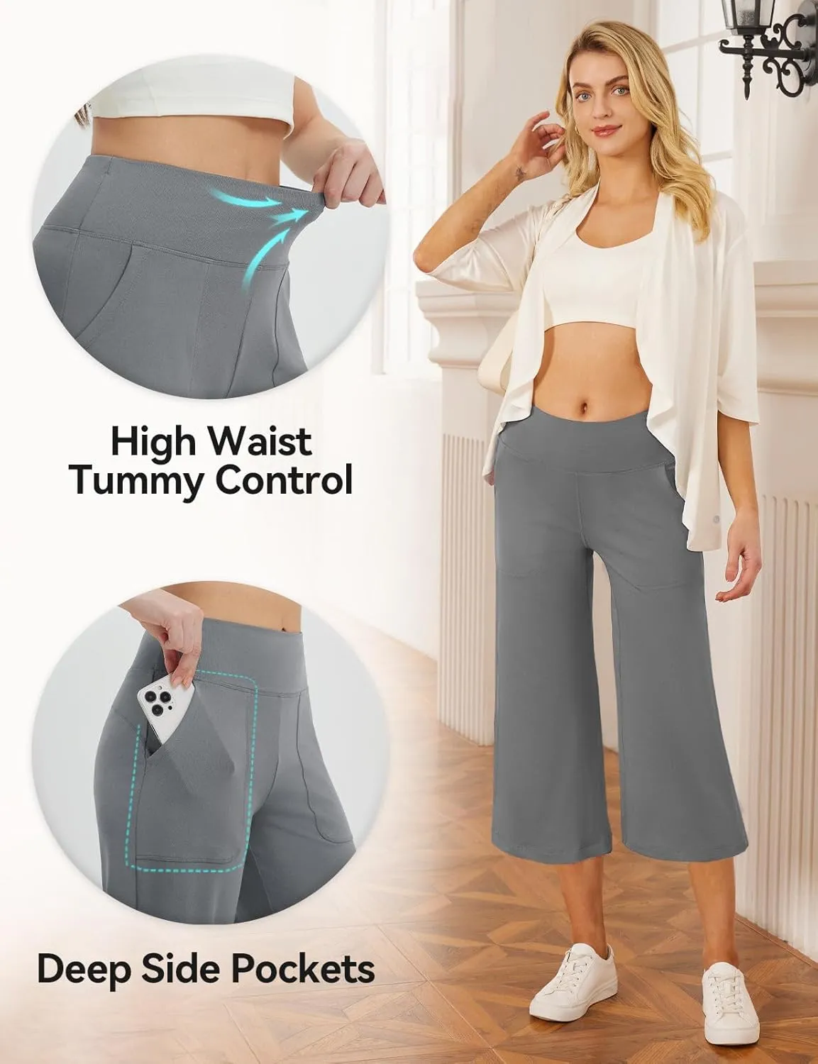 baleaf Capris Pants for Women Yoga Capri Leggings with Pockets Loose High Waist Crop Workout Pants Wide Leg Casual Summer