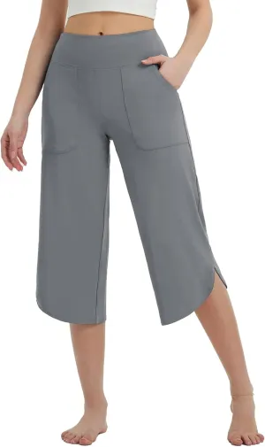 baleaf Capris Pants for Women Yoga Capri Leggings with Pockets Loose High Waist Crop Workout Pants Wide Leg Casual Summer