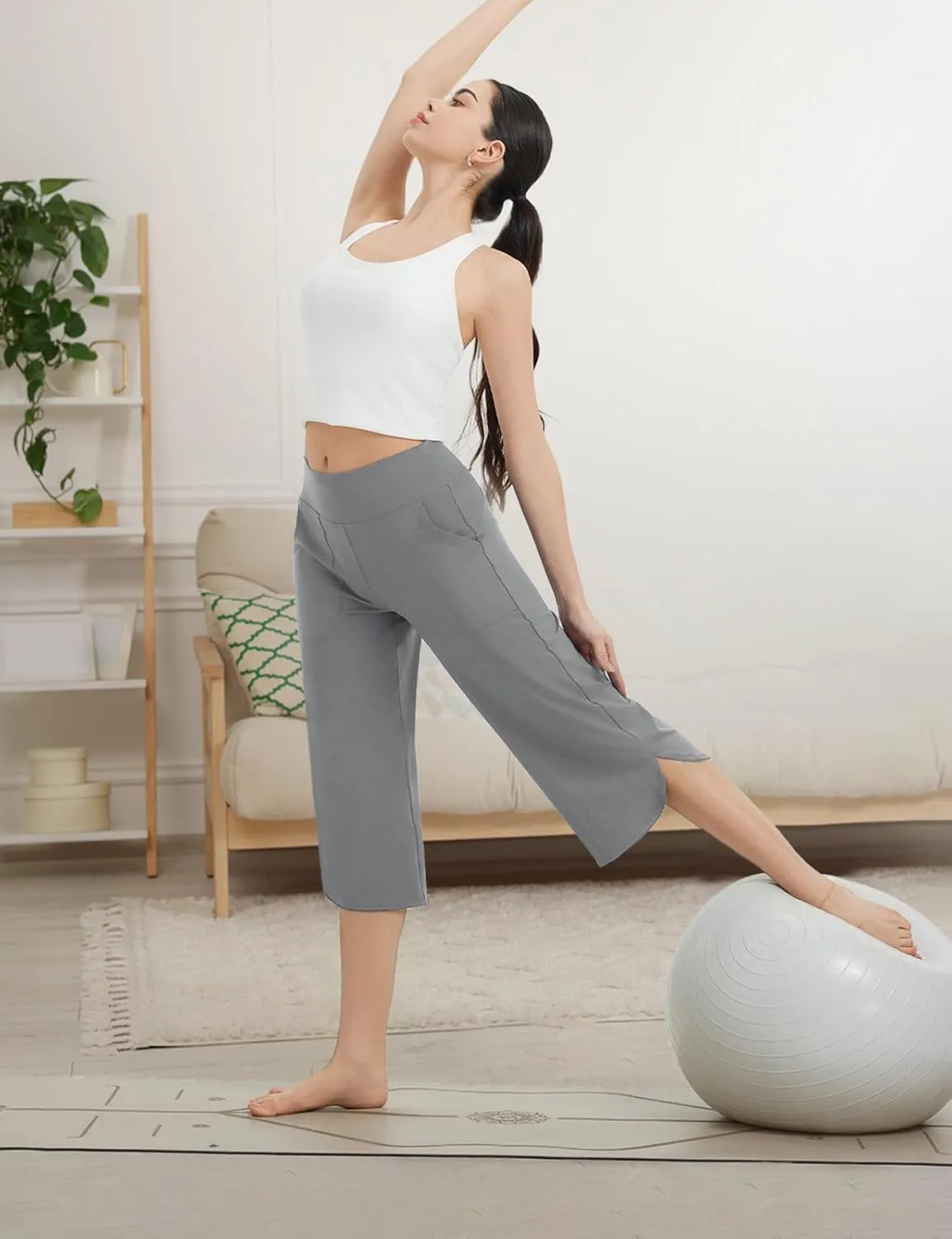 baleaf Capris Pants for Women Yoga Capri Leggings with Pockets Loose High Waist Crop Workout Pants Wide Leg Casual Summer