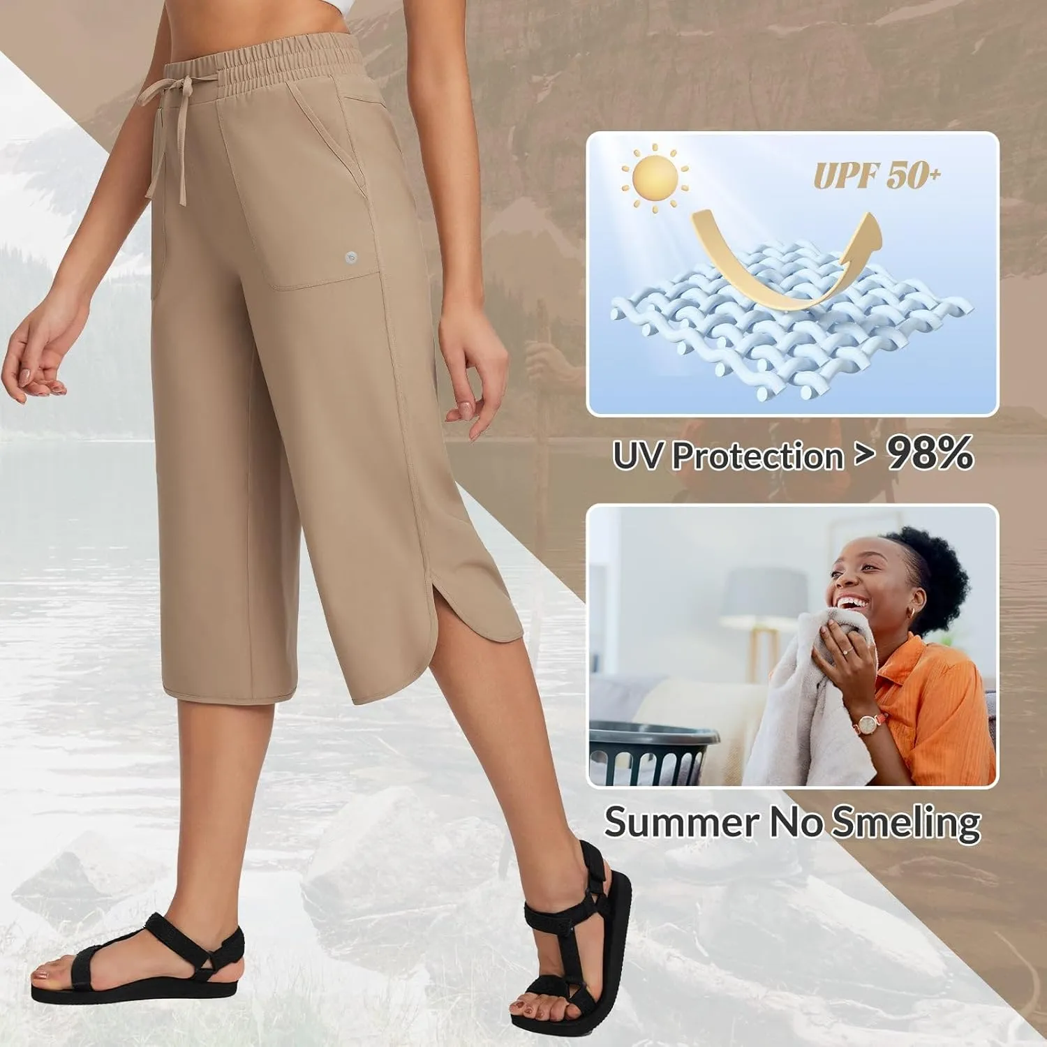 baleaf Women's Capri Pants Wide Leg Plus Size UPF50  Lightweight Quick Dry Pants Casual Loose Sweatpants Hiking Walking