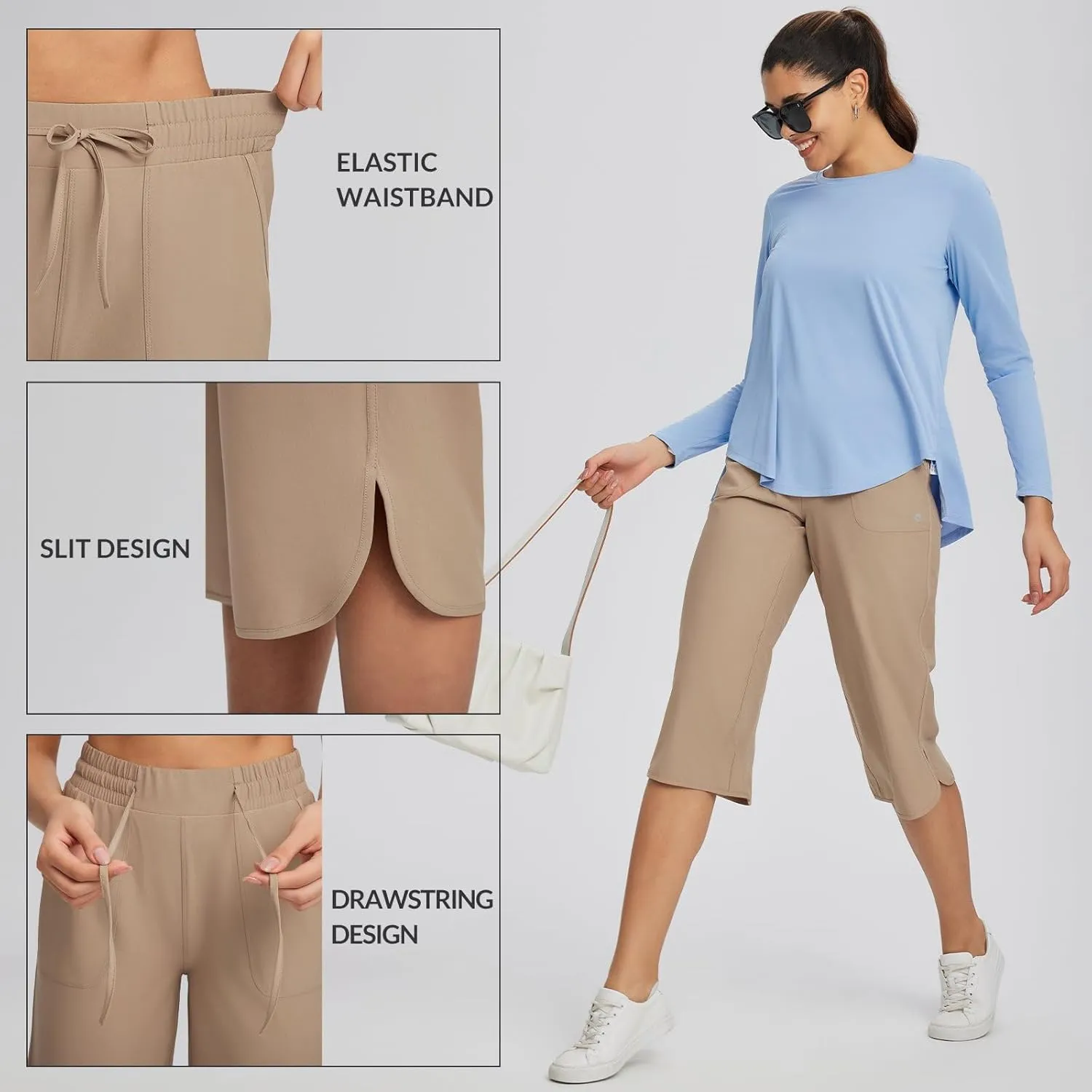 baleaf Women's Capri Pants Wide Leg Plus Size UPF50  Lightweight Quick Dry Pants Casual Loose Sweatpants Hiking Walking
