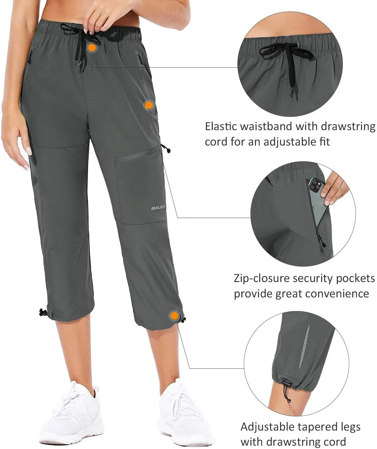 baleaf Women's Hiking Cargo Capris Outdoor Lightweight Water Resistant Pants UPF 50 Zipper Pockets