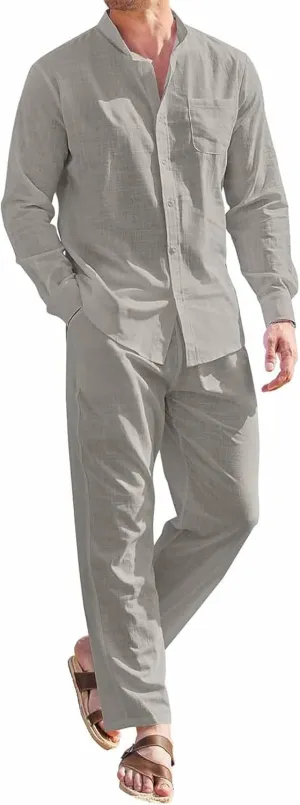 BDAILKA Men's 2 Piece Linen Sets Button Down Shirt Long Sleeve Casual Drawstring Waist Pants Set Tracksuit