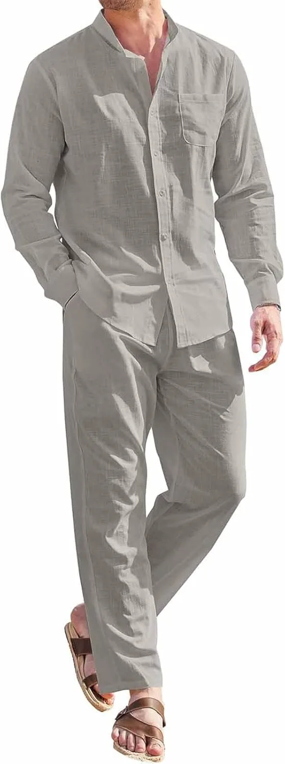 BDAILKA Men's 2 Piece Linen Sets Button Down Shirt Long Sleeve Casual Drawstring Waist Pants Set Tracksuit