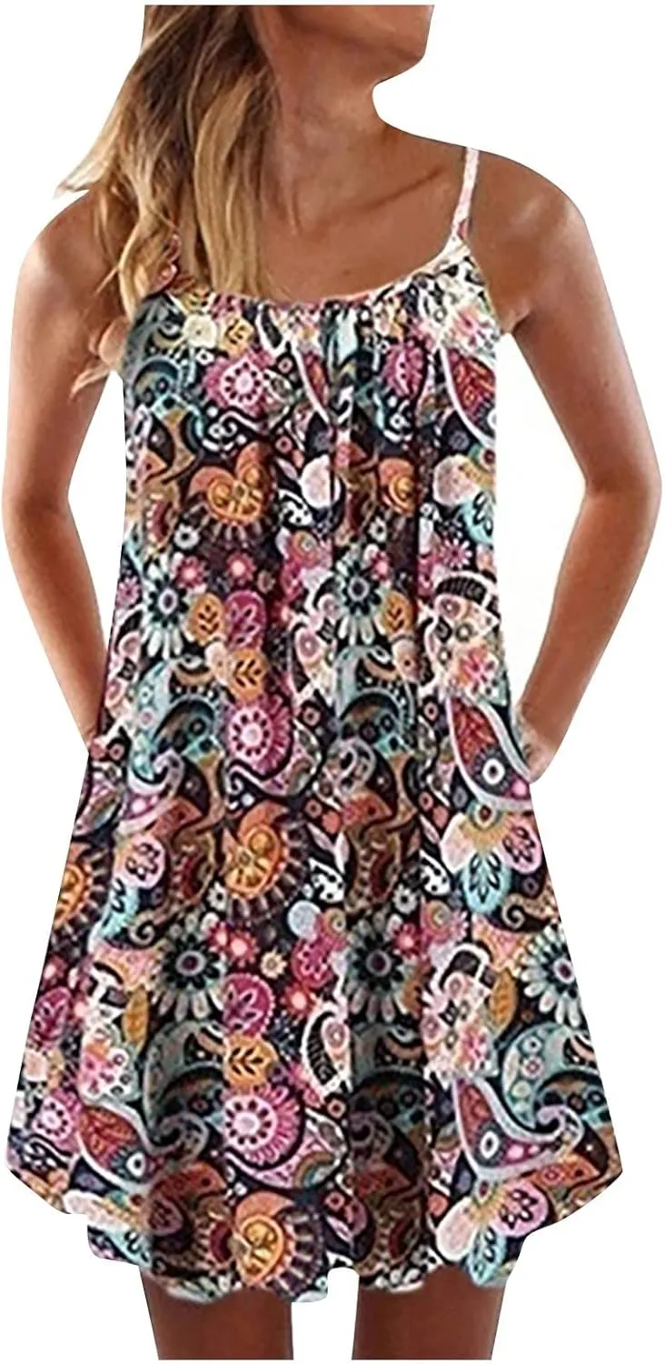 Beach Dresses for Women,2024 Summer Casual Loose Sleeveless Sling Sundress,Trendy Print Flowy Ruched Mini Boho Dress