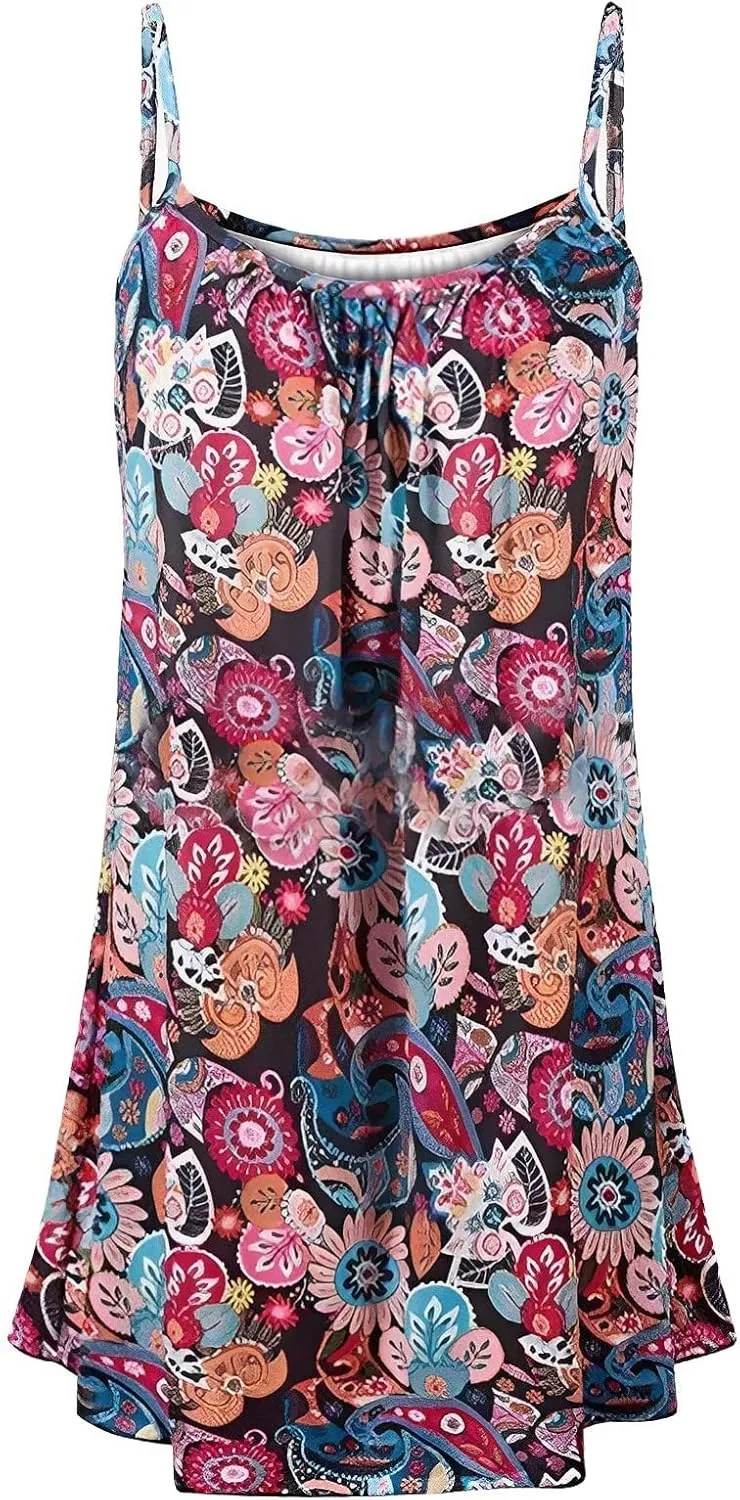 Beach Dresses for Women,2024 Summer Casual Loose Sleeveless Sling Sundress,Trendy Print Flowy Ruched Mini Boho Dress