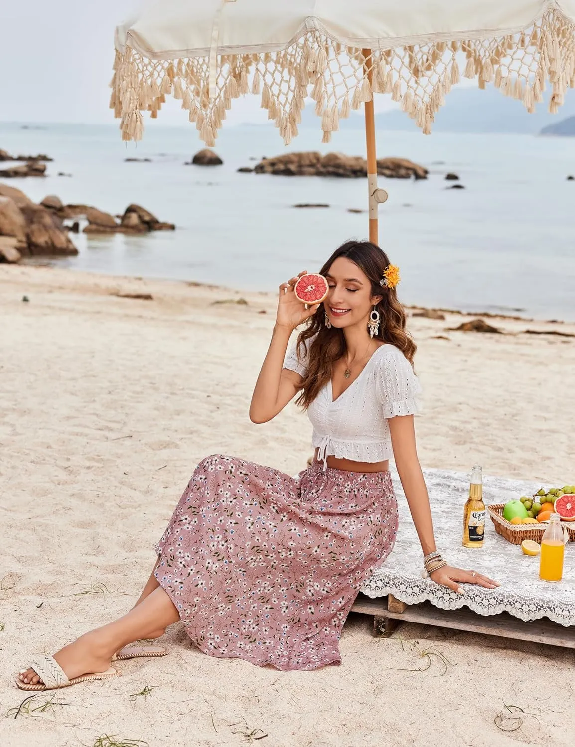 Bluetime Women Floral Print Midi Skirt Summer Beach Pleated Elastic High Waisted A Line Skirt