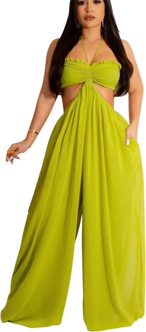 Bluewolfsea Womens Summer Sexy Halter Backless Chiffon Wide Leg Jumpsuit Boho Beach Flowy Pants Rompers