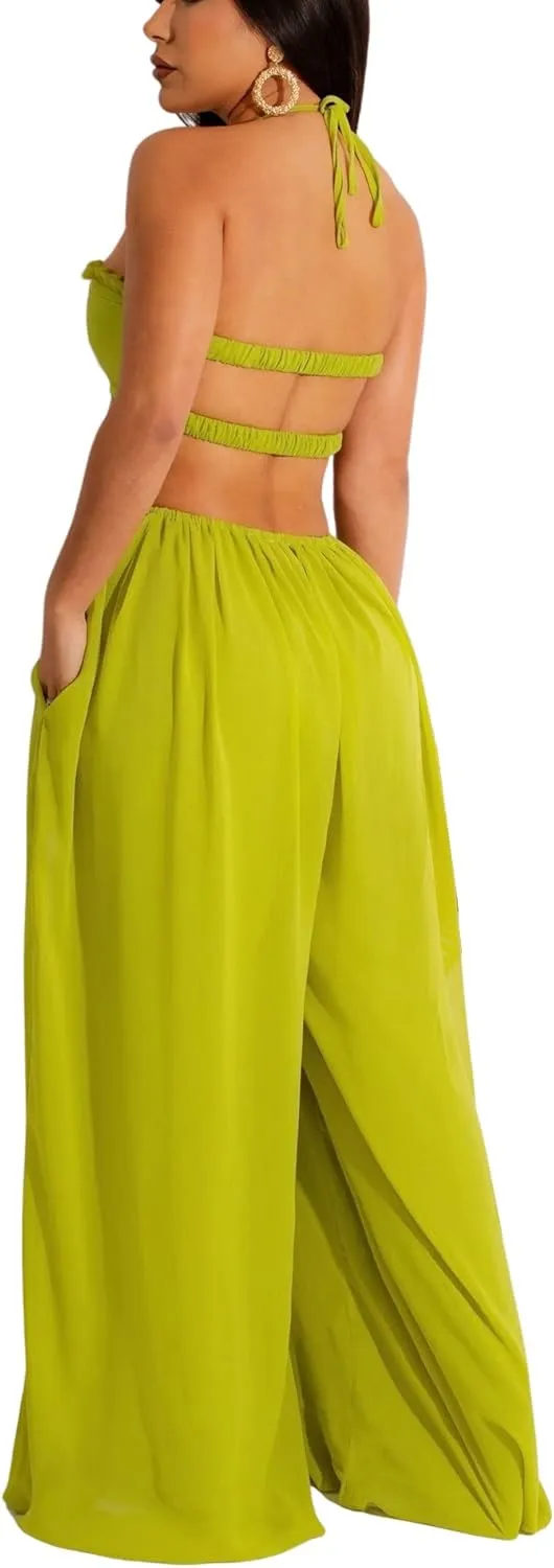 Bluewolfsea Womens Summer Sexy Halter Backless Chiffon Wide Leg Jumpsuit Boho Beach Flowy Pants Rompers