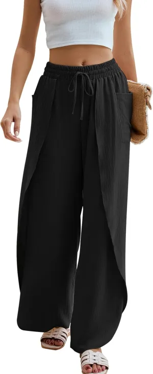 BMJL Womens Wide Leg Summer Pants Flowy Side Split Palazzo Beach Pants Boho High Waisted Trousers
