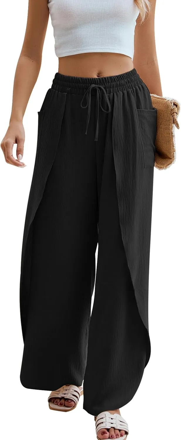 BMJL Womens Wide Leg Summer Pants Flowy Side Split Palazzo Beach Pants Boho High Waisted Trousers