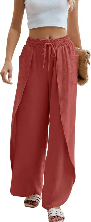 BMJL Womens Wide Leg Summer Pants Flowy Side Split Palazzo Beach Pants Boho High Waisted Trousers