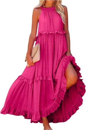 Boho Dresses for Women,2025 Summer Flowy Ruffle Tiered Swing Smocked Beach Sundress,Sleeveless Halter Maxi Dress