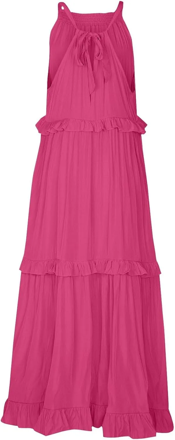 Boho Dresses for Women,2025 Summer Flowy Ruffle Tiered Swing Smocked Beach Sundress,Sleeveless Halter Maxi Dress