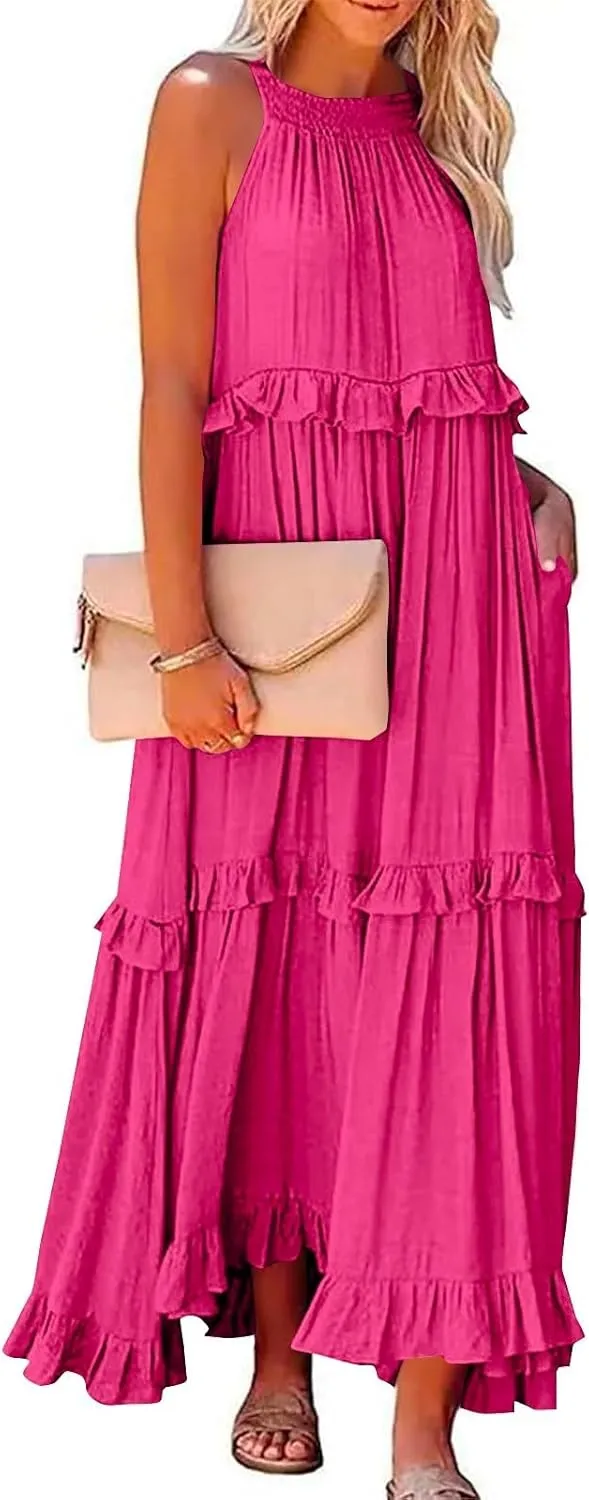 Boho Dresses for Women,2025 Summer Flowy Ruffle Tiered Swing Smocked Beach Sundress,Sleeveless Halter Maxi Dress