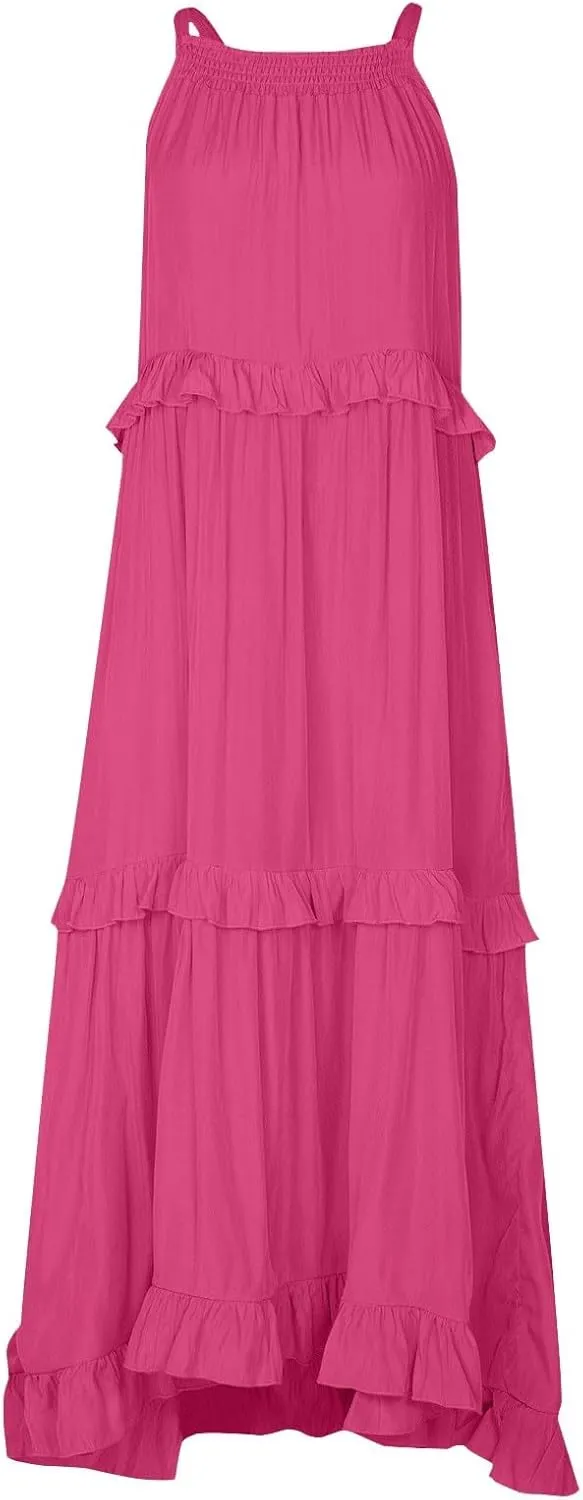 Boho Dresses for Women,2025 Summer Flowy Ruffle Tiered Swing Smocked Beach Sundress,Sleeveless Halter Maxi Dress