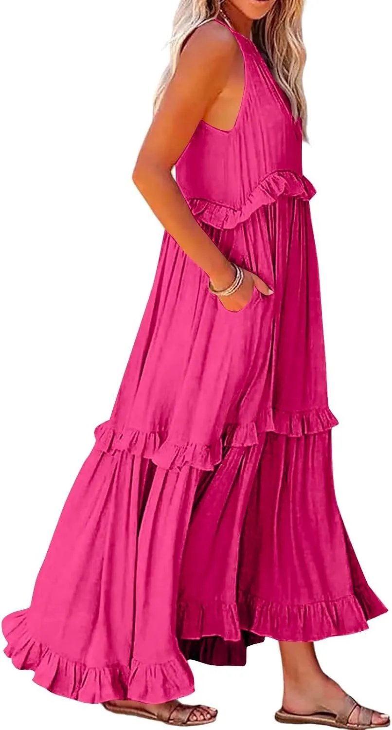 Boho Dresses for Women,2025 Summer Flowy Ruffle Tiered Swing Smocked Beach Sundress,Sleeveless Halter Maxi Dress