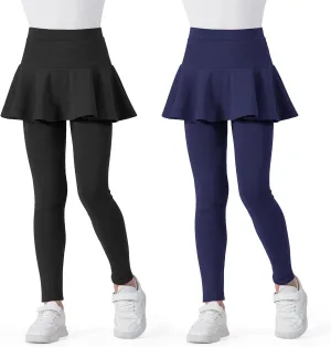 BOOPH 2 Pack Girls Leggings with Skirt Cotton Ruffle Tutu Uniform Pants 3-10 Years