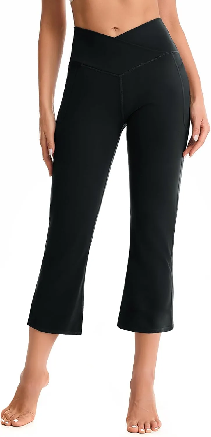 BOOVET Women's Flare Yoga Pants with Pockets Crossover High Waisted Bootcut Flare Yoga Leggings Tummy Control Workout Pants
