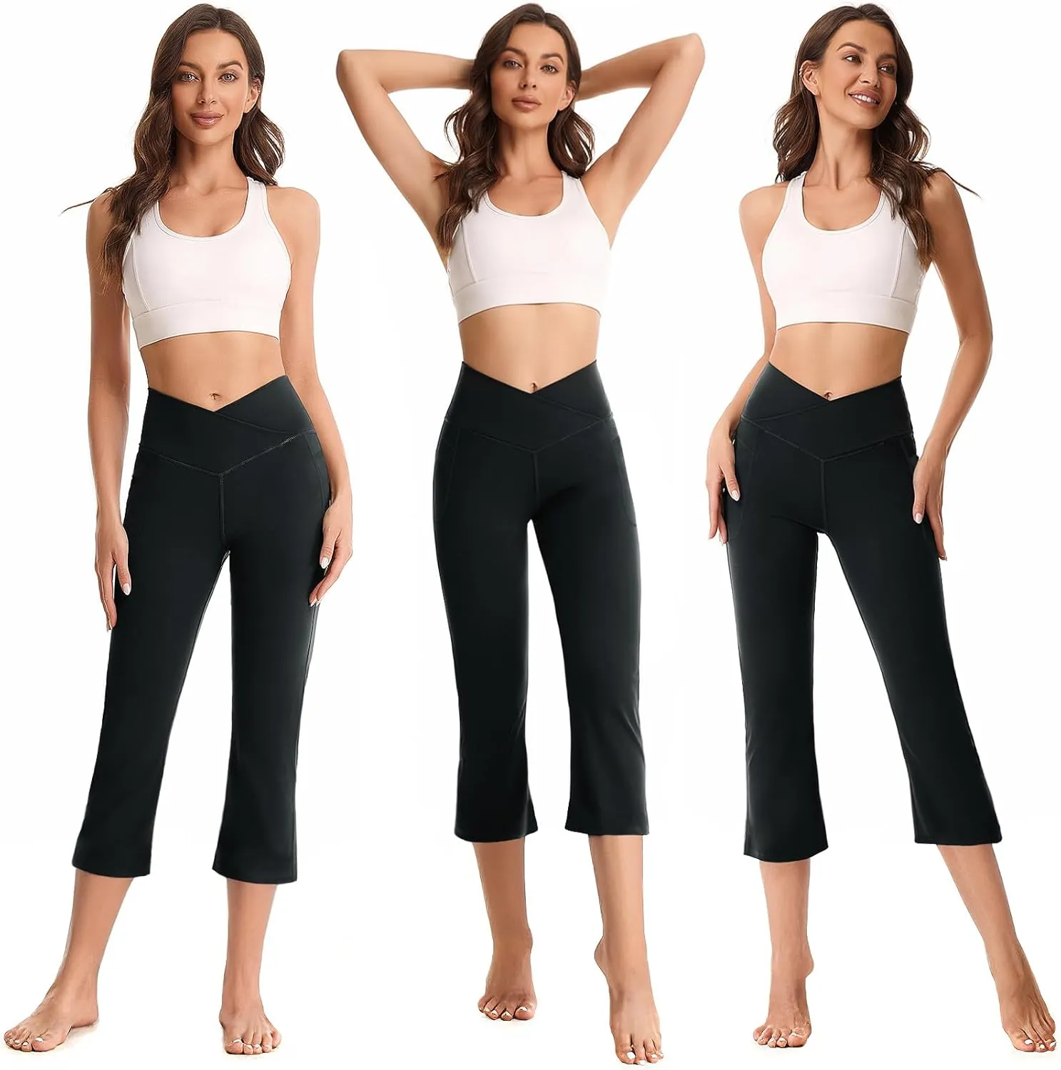 BOOVET Women's Flare Yoga Pants with Pockets Crossover High Waisted Bootcut Flare Yoga Leggings Tummy Control Workout Pants